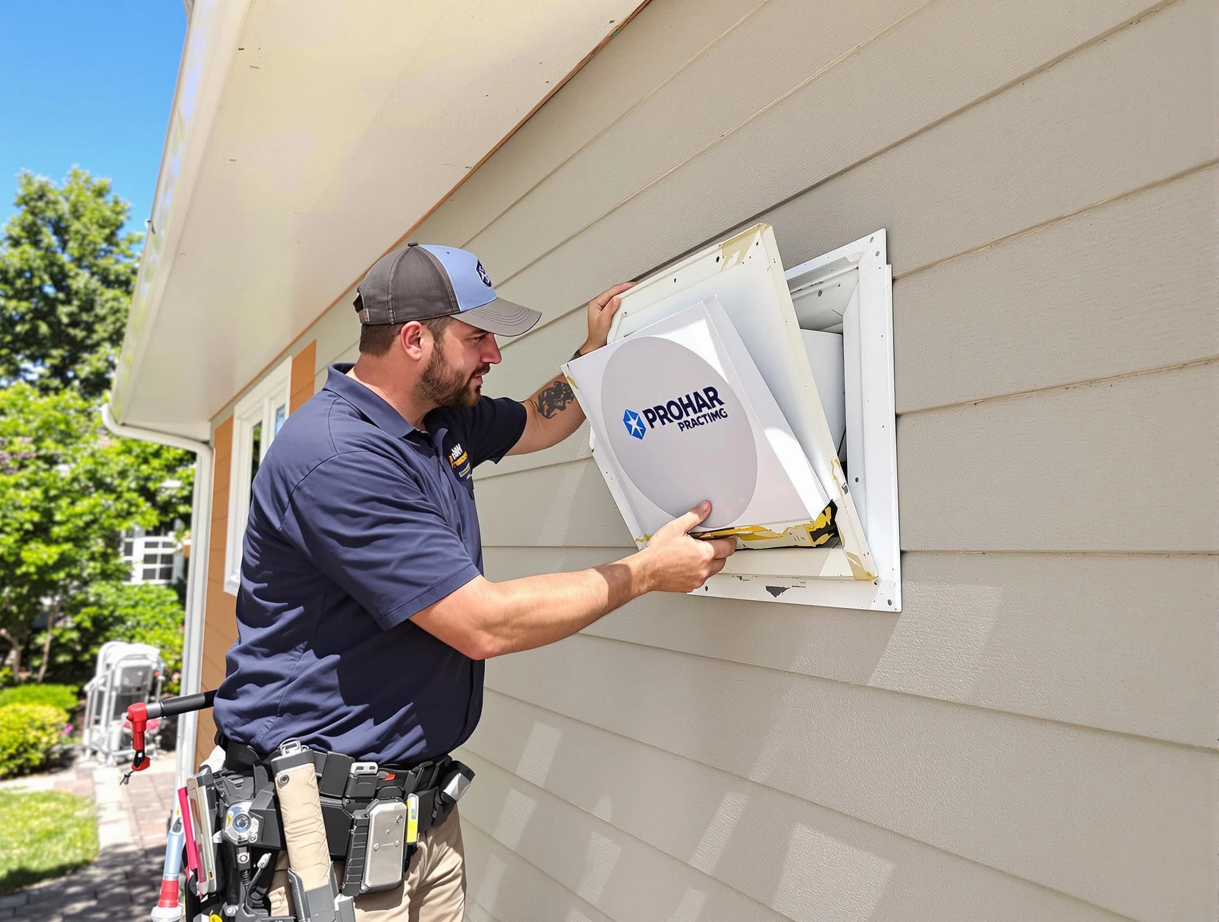 Taunton Dryer Vent Cleaning technician installing a new protective dryer vent cover on a home in Taunton