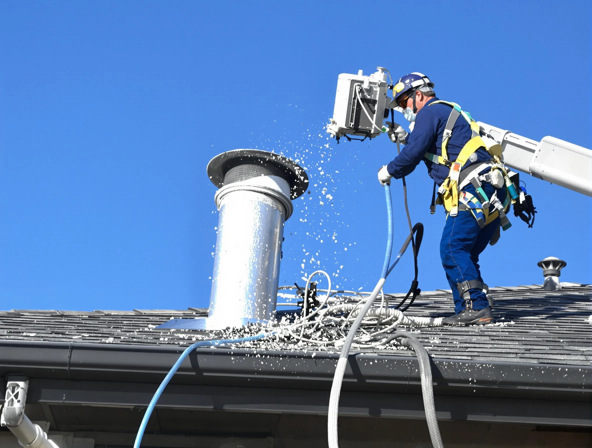 Taunton Dryer Vent Cleaning certified technician safely cleaning a roof-mounted dryer vent in Taunton